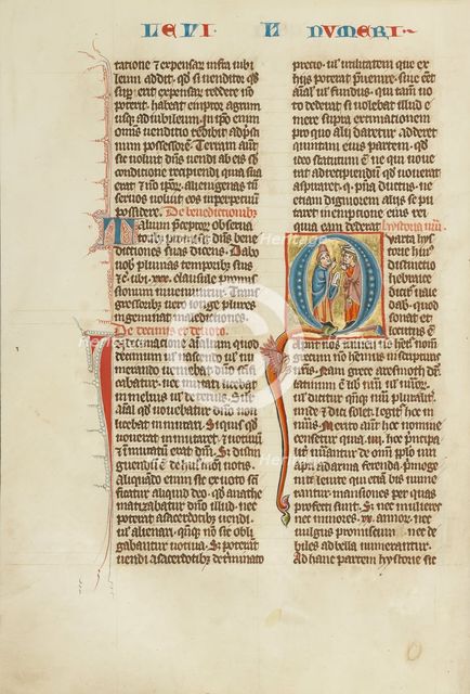 Initial Q: Moses with the Tablets of the Law and Two Israelites; Historia Scholastica, about 1300. Creator: Unknown.