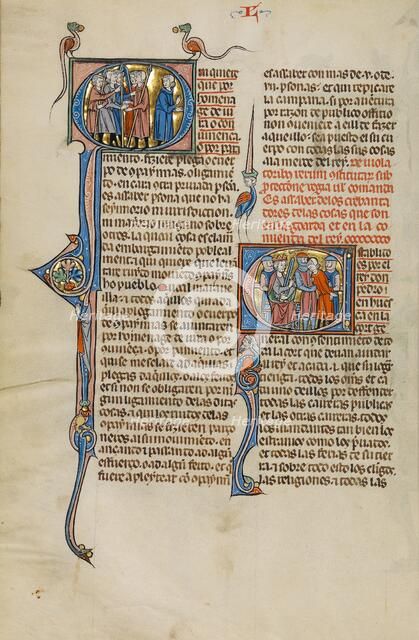 Initial Q: A Group of Men with Weapons and One Man Unarmed: Initial E..., about 1290-1310. Creator: Unknown.