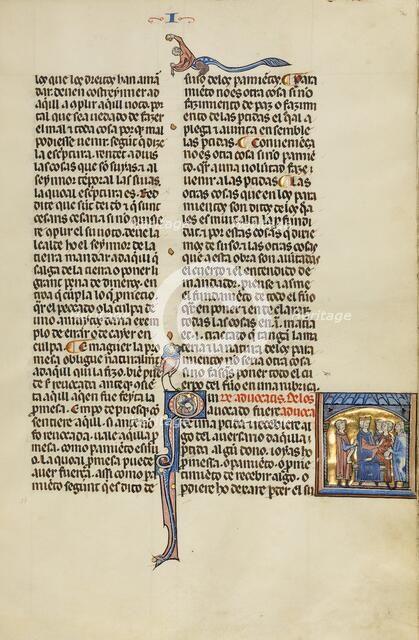 Initial Q: A Judge and an Attorney with Three Men; Vidal Mayor, about 1290-1310. Creator: Unknown.