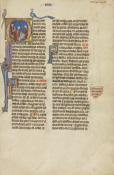 Initial Q: A Judge Pointing to Two Men with a Ram; Vidal Mayor, about 1290-1310. Creators: Unknown, Michael Lupi de Çandiu