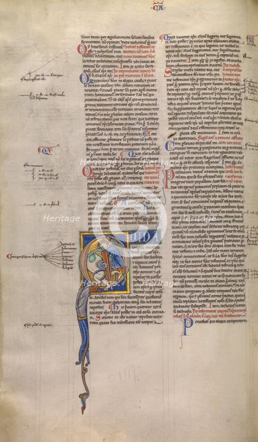 Initial Q: A Man Fighting a Lion; Decretum, about 1170-1180. Creator: Unknown.