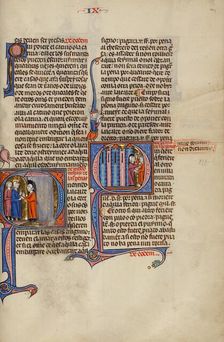 Initial Q: A Man Greeting Two Men from his Doorway: Initial Q: Two Men..., about 1290-1310. Creator: Unknown
