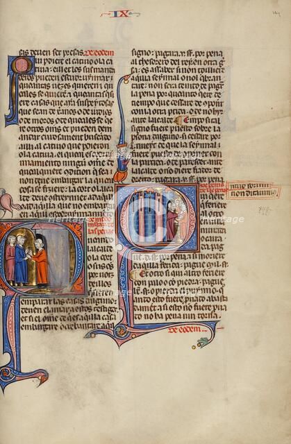 Initial Q: A Man Greeting Two Men from his Doorway: Initial Q: Two Men..., about 1290-1310. Creator: Unknown.