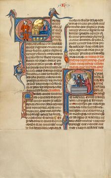 Initial Q: A Woman with Bread Loaves before a Man Holding a Scale: Initial S..., about 1290-1310. Creator: Unknown