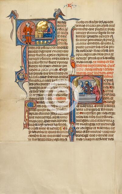 Initial Q: A Woman with Bread Loaves before a Man Holding a Scale: Initial S..., about 1290-1310. Creator: Unknown.