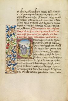 Initial Q: Bishop Theophilus Beholding the Stars which Will Lead Him to the Tomb..., about 1465-1470 Creators: Master of the Brussels Romuléon, Workshop of the Master of the Brussels Romuléon