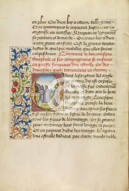 Initial Q: Bishop Theophilus Beholding the Stars which Will Lead Him to the Tomb..., about 1465-1470 Creators: Master of the Brussels Romuléon, Workshop of the Master of the Brussels Romuléon.