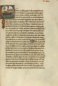 Initial Q: Gillion and His Son Gerard Passing Dubrovnik; Roman de Gillion de Trazegnies, 1464. Creators: Lieven van Lathem, David Aubert