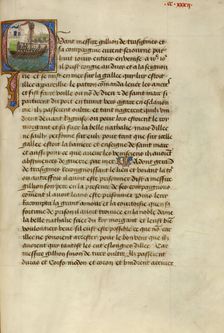 Initial Q: Gillion and His Son Gerard Passing Dubrovnik; Roman de Gillion de Trazegnies, 1464. Creators: Lieven van Lathem, David Aubert