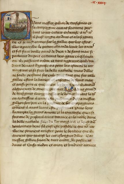 Initial Q: Gillion and His Son Gerard Passing Dubrovnik; Roman de Gillion de Trazegnies, 1464. Creators: Lieven van Lathem, David Aubert.