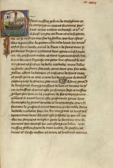 Initial Q: Gillion and His Son Gerard Passing Dubrovnik; Roman de Gillion de Trazegnies, 1464. Creators: Lieven van Lathem, David Aubert