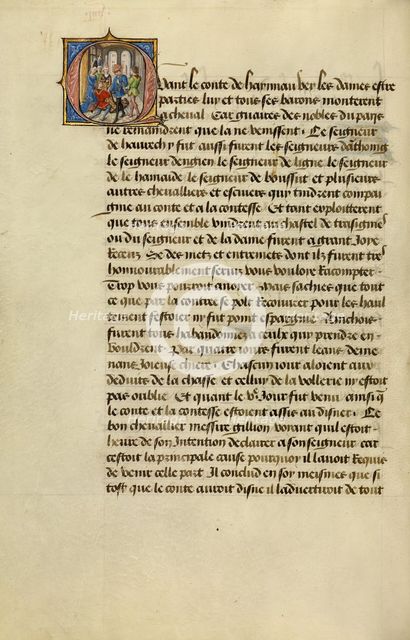 Initial Q: Gillion Asking the Count of Hainaut for Permission to Go on Pilgrimage, 1464. Creators: Lieven van Lathem, David Aubert.