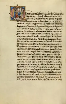 Initial Q: Gillion Asking the Count of Hainaut for Permission to Go on Pilgrimage, 1464. Creators: Lieven van Lathem, David Aubert