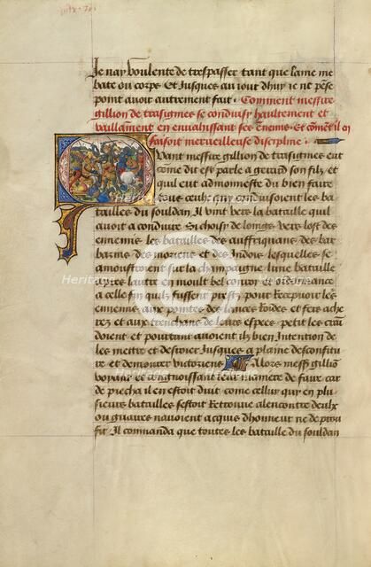 Initial Q: Gillion Defeating the King of Gibraltar; Roman de Gillion de Trazegnies, 1464. Creators: Lieven van Lathem, David Aubert.
