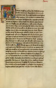 Initial Q: Gillion Reacting to the News of Death of His Wife and Progeny, 1464. Creators: Lieven van Lathem, David Aubert