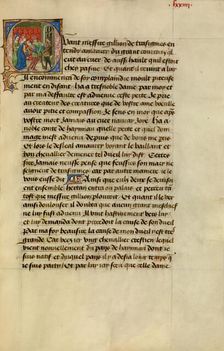 Initial Q: Gillion Reacting to the News of Death of His Wife and Progeny, 1464. Creators: Lieven van Lathem, David Aubert