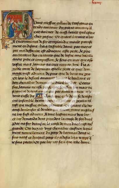 Initial Q: Gillion Reacting to the News of Death of His Wife and Progeny, 1464. Creators: Lieven van Lathem, David Aubert.