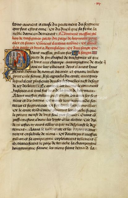 Initial Q: Gillion Receiving the Pope's Blessing; Roman de Gillion de Trazegnies, 1464. Creators: Lieven van Lathem, David Aubert.
