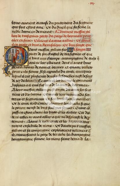 Initial Q: Gillion Receiving the Pope's Blessing; Roman de Gillion de Trazegnies, 1464. Creators: Lieven van Lathem, David Aubert.