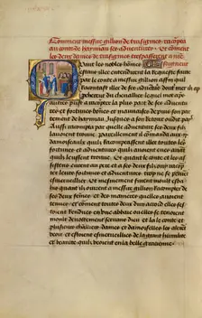Initial Q: Gillion's Wives Marie and Gracienne during Mass at the Abbey of Olive, 1464. Creators: Lieven van Lathem, David Aubert