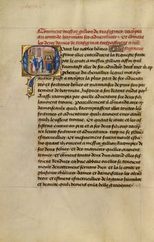 Initial Q: Gillion's Wives Marie and Gracienne during Mass at the Abbey of Olive, 1464. Creators: Lieven van Lathem, David Aubert