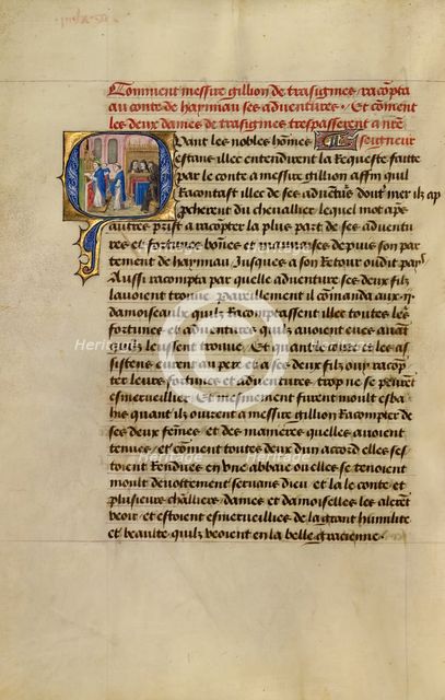 Initial Q: Gillion's Wives Marie and Gracienne during Mass at the Abbey of Olive, 1464. Creators: Lieven van Lathem, David Aubert.