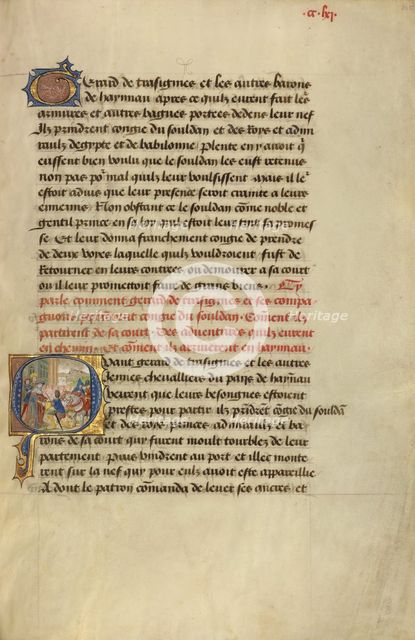 Initial Q: Gillion's Son Gerard Taking Leave of the Sultan; Roman de Gillion de Trazegnies, 1464. Creators: Lieven van Lathem, David Aubert.