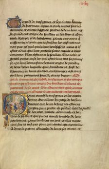 Initial Q: Gillion's Son Gerard Taking Leave of the Sultan; Roman de Gillion de Trazegnies, 1464. Creators: Lieven van Lathem, David Aubert