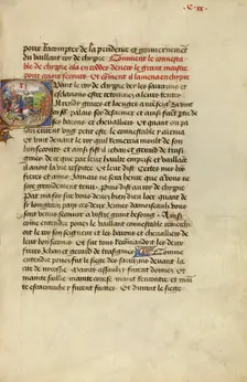 Initial Q: Gillion's Sons Attacking the Encampment of King Bruyant, 1464. Creators: Lieven van Lathem, David Aubert