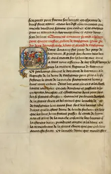 Initial Q: Gillion's Sons in a Mock Joust; Roman de Gillion de Trazegnies, 1464. Creators: Lieven van Lathem, David Aubert