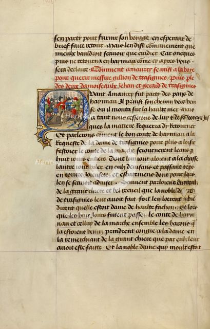 Initial Q: Gillion's Sons in a Mock Joust; Roman de Gillion de Trazegnies, 1464. Creators: Lieven van Lathem, David Aubert.