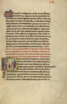 Initial Q: Gillion's Son Gerard Taking Leave of the Sultan; Roman de Gillion de Trazegnies, 1464. Creators: Lieven van Lathem, David Aubert