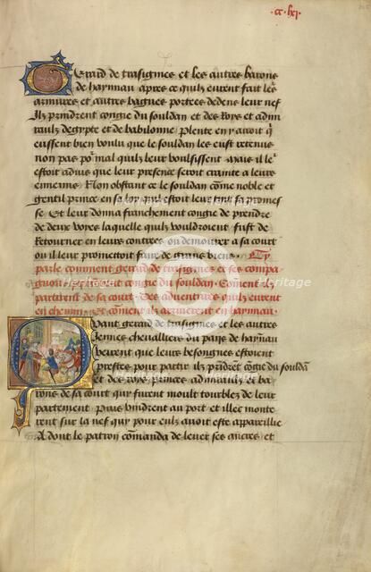 Initial Q: Gillion's Son Gerard Taking Leave of the Sultan; Roman de Gillion de Trazegnies, 1464. Creators: Lieven van Lathem, David Aubert.