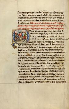 Initial Q: Gillion's Sons in a Mock Joust; Roman de Gillion de Trazegnies, 1464. Creators: Lieven van Lathem, David Aubert