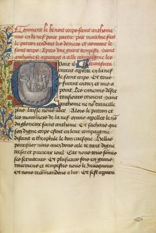 Initial Q: Saint Anthony Reassuring Bishop Theophilus and His Companions During..., about 1465-70. Creators: Master of the Brussels Romuléon, Workshop of the Master of the Brussels Romuléon