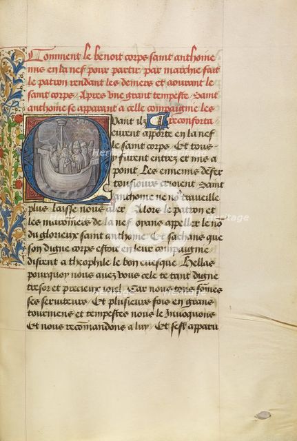 Initial Q: Saint Anthony Reassuring Bishop Theophilus and His Companions During..., about 1465-70. Creators: Master of the Brussels Romuléon, Workshop of the Master of the Brussels Romuléon.