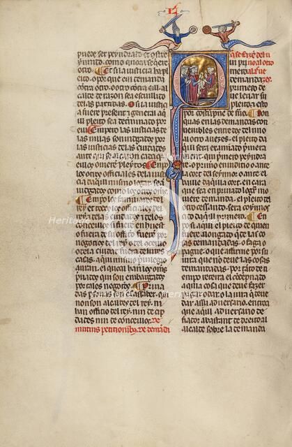 Initial Q: Two Attorneys with Clients before a Judge; Vidal Mayor, about 1290-1310. Creator: Unknown.