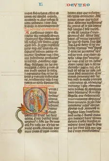 Initial Q: Two Israelites Courting a Young Woman; Historia Scholastica, about 1300. Creator: Unknown