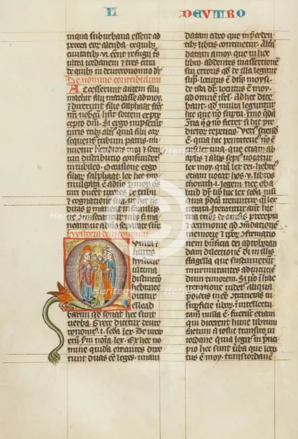 Initial Q: Two Israelites Courting a Young Woman; Historia Scholastica, about 1300. Creator: Unknown.