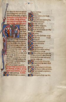 Initial Q: Two Men before a Judge and a Third Man Watching from behind a Wall, about 1290-1310. Creator: Unknown