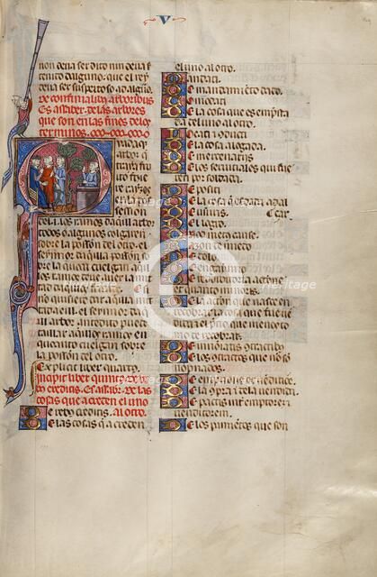 Initial Q: Two Men before a Judge and a Third Man Watching from behind a Wall, about 1290-1310. Creator: Unknown.