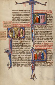 Initial Q: Two Men Fighting with Clubs: Initial L: A Man Leaving a House with..., about 1290-1310. Creator: Unknown
