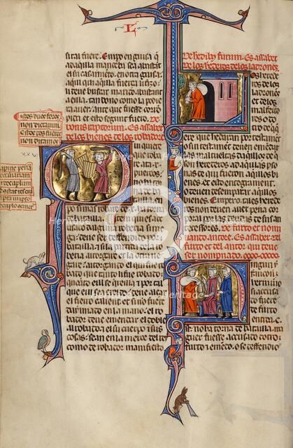 Initial Q: Two Men Fighting with Clubs: Initial L: A Man Leaving a House with..., about 1290-1310. Creator: Unknown.