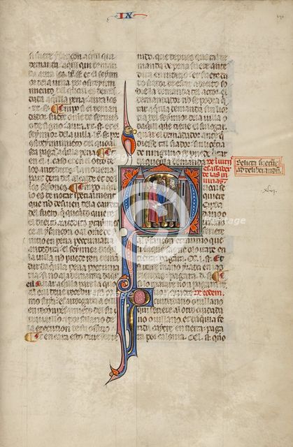 Initial Q: Two Men Fighting with Swords; Vidal Mayor, about 1290-1310. Creator: Unknown.