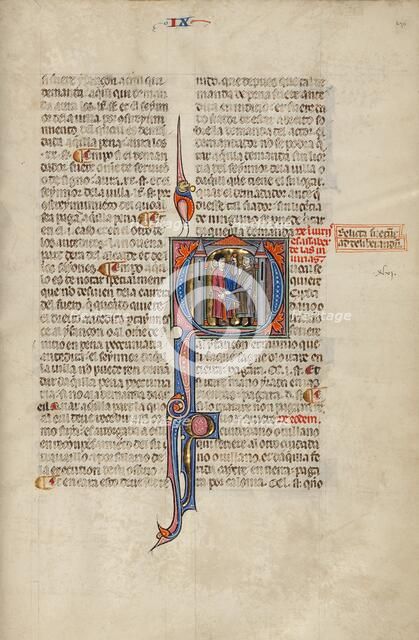 Initial Q: Two Men Fighting with Swords; Vidal Mayor, about 1290-1310. Creator: Unknown.