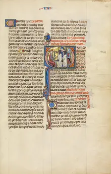 Initial Q: Two Soldiers Leading Two Muslim Men before a King; Vidal Mayor, about 1290-1310. Creator: Unknown