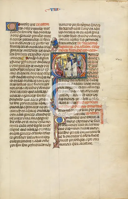 Initial Q: Two Soldiers Leading Two Muslim Men before a King; Vidal Mayor, about 1290-1310. Creator: Unknown.