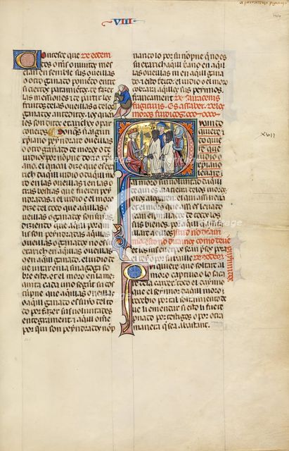 Initial Q: Two Soldiers Leading Two Muslim Men before a King; Vidal Mayor, about 1290-1310. Creator: Unknown.