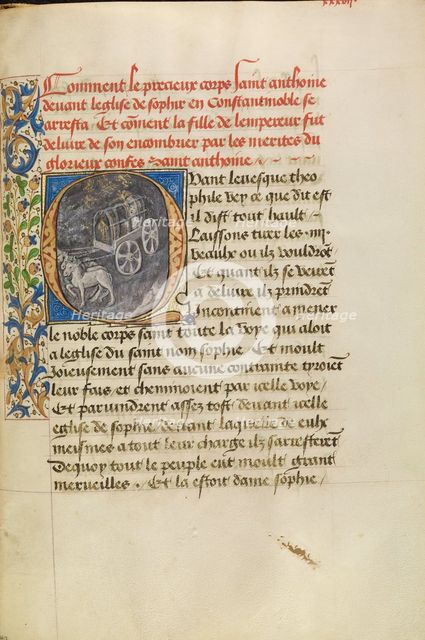 Initial Q: The Reliquary Shrine of Saint Anthony Arriving at the Church in..., about 1465-1470. Creators: Master of the Brussels Romuléon, Workshop of the Master of the Brussels Romuléon.