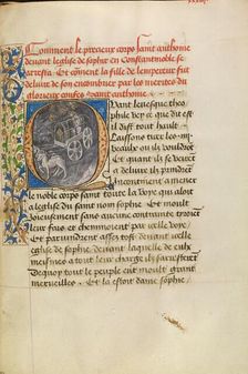 Initial Q: The Reliquary Shrine of Saint Anthony Arriving at the Church in..., about 1465-1470. Creators: Master of the Brussels Romuléon, Workshop of the Master of the Brussels Romuléon